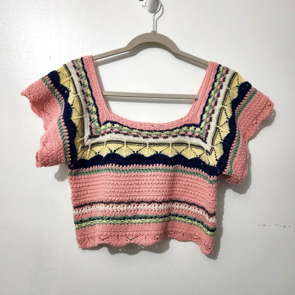 POL Cropped Knit Top Openwork Ethnic Pattern Short Sleeve Small Pink Blue Green